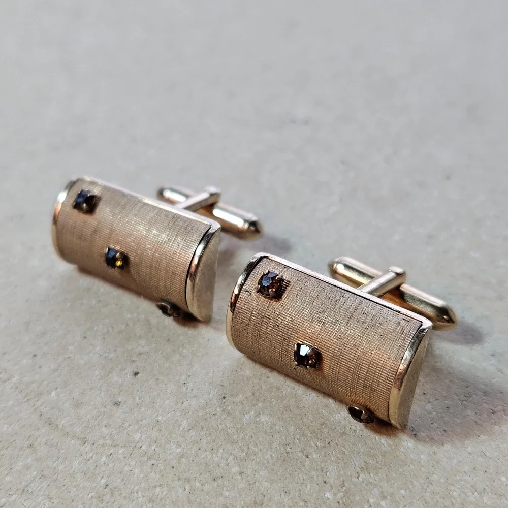 Swank‎ Vtg Gold Tone Textured Rhinestone Cufflinks Smoky Brown Mid Century MCM